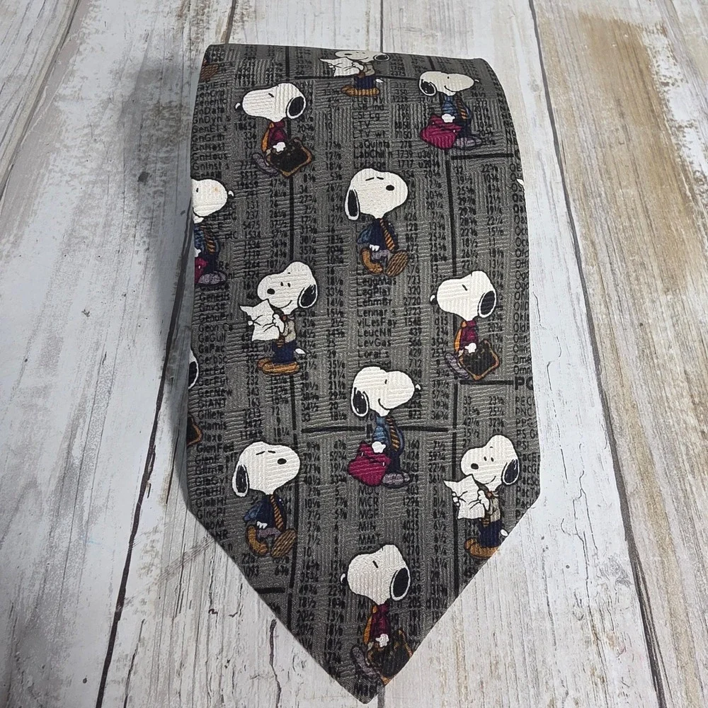 Peanuts Snoopy Stock Market Newspaper Print Grey Vintage Mens Necktie Bull Bear